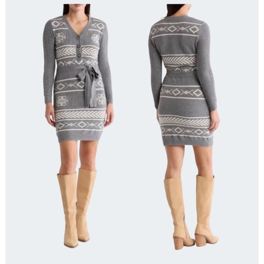 Lucky Brand Gray/White Belted Sweater Dress Nordic Pattern Size 1X